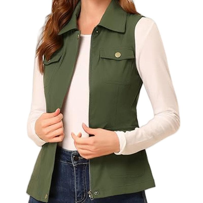 Women's Vest Cardigan Zipper Jacket Multi-pocket Solid Color Sleeveless S