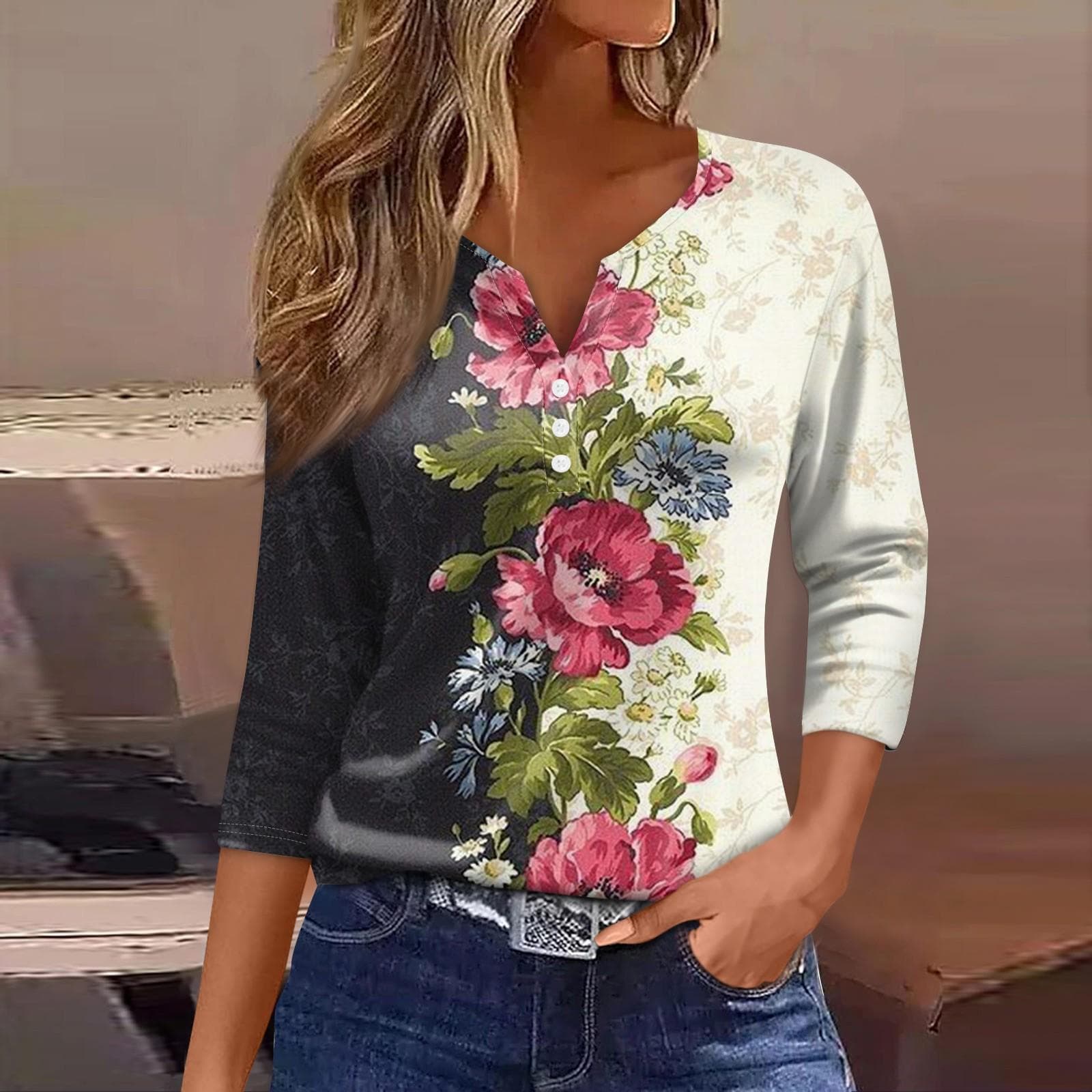 Women's T Shirt Tee Print Button 3/4 Sleeve Daily Weekend Fashion Basic V Neck Regular Top XXXL red