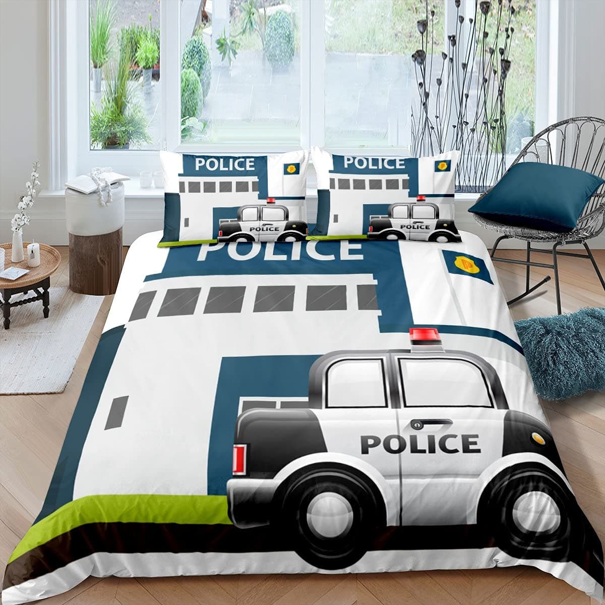 Policeman Car King Queen Duvet Cover Cartoon Black Police Car Bedding Set Boys Red Blue Cop Lights 2/3pcs Polyester Quilt Cover 240x220cm 3pcs