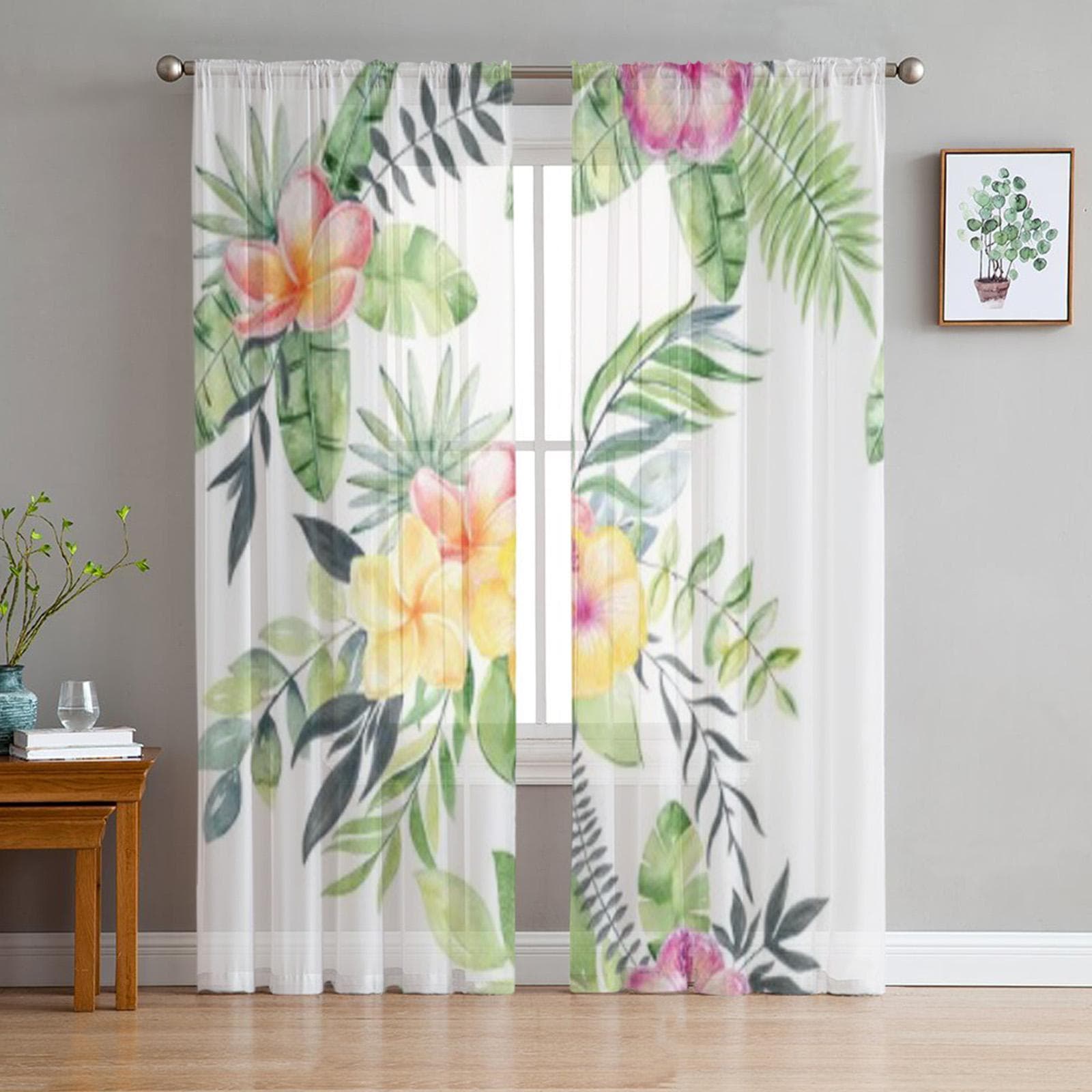 Watercolor Flowers Sheer Curtains for Living Room Transparent Tulle Window Treatments Bedroom Kitchen Home Decor Veil Drapes 135W x 114H(cm)