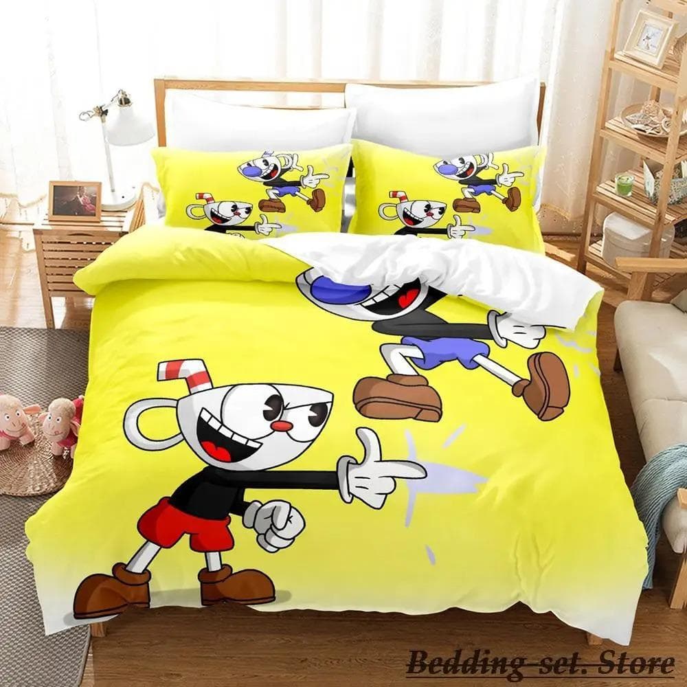 Game Cuphead Mugman Bedding Set Cartoon Anime three-piece set Adult Kid Bedroom Duvetcover Sets 3D Kawaii cama de casal AU Single 140x210cm