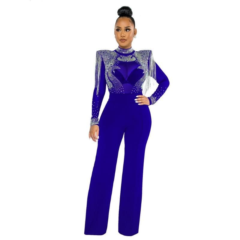 Women's Fashion Sexy Casual Slim High Neck See-through Hot Diamond Tassel Models Jumpsuit Women XL blue