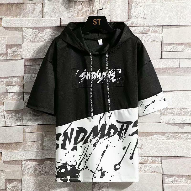 Men's Summer Short-Sleeved Hooded T-Shirt - Korean Style Trendy Five-Point Sleeves for Teens and Boys 3XL black