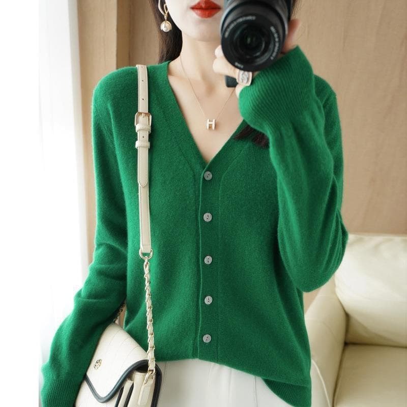 Women Cardigans Autumn Winter Single Breasted Knitwears Long Sleeve V-neck Knit Cardigan Korean Fashion Spring Casual Sweater M green