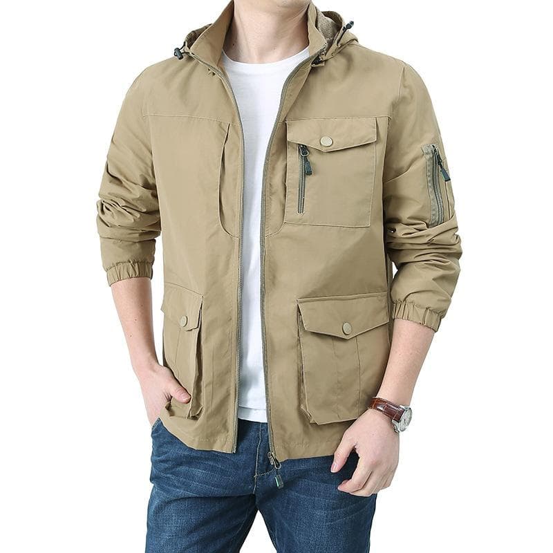 Men's Loose Plus Size Multi-pocket Jacket  Spring and Autumn Thin Windproof Detachable Cap Jacket S khaki