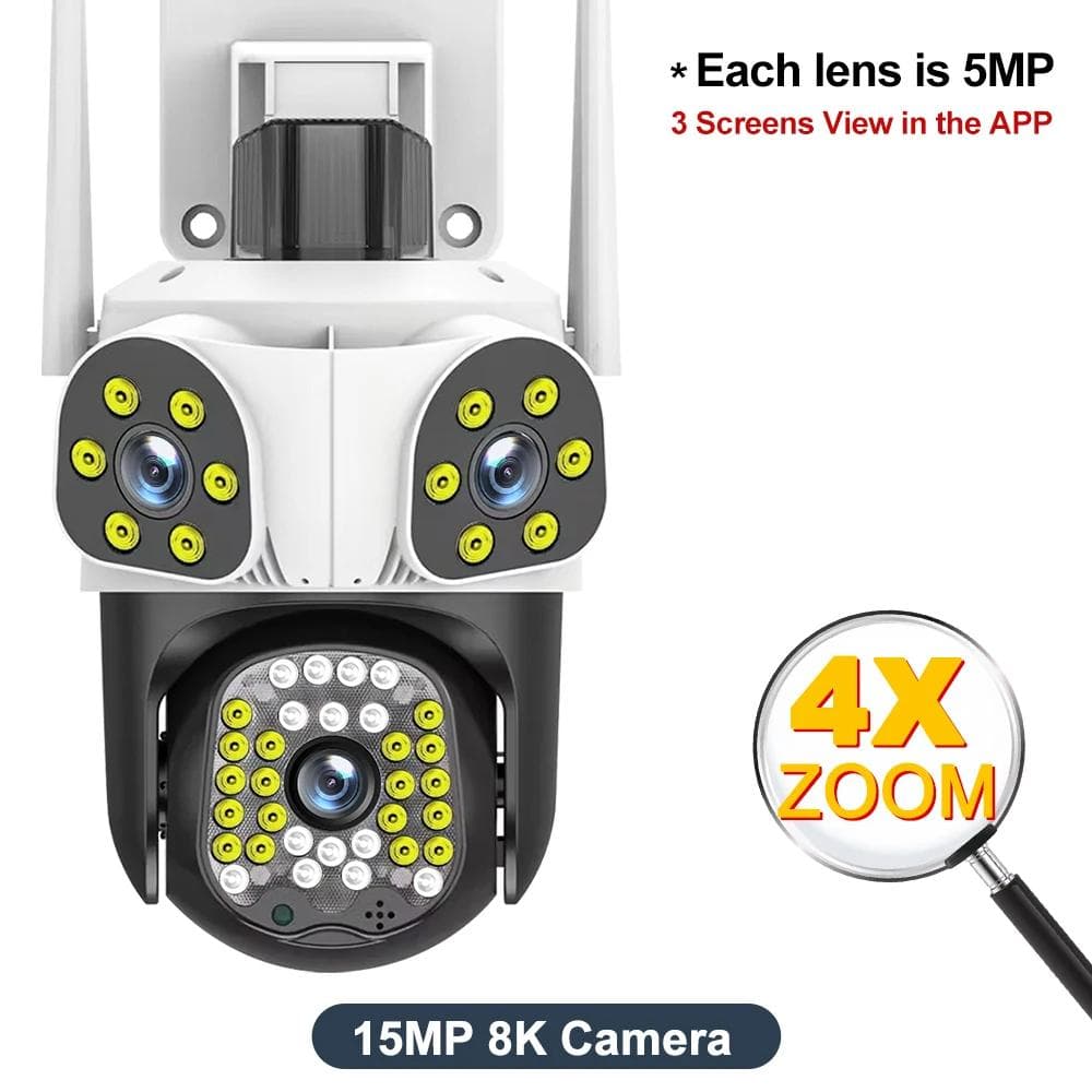 New New EU 8K 15MP Outdoor WiFi Camera Motion Tracking Three Len Screens 4X Zoom PTZ Video Cam Security Protection CCTV Surveillance Camera 15MP Camera No Card
