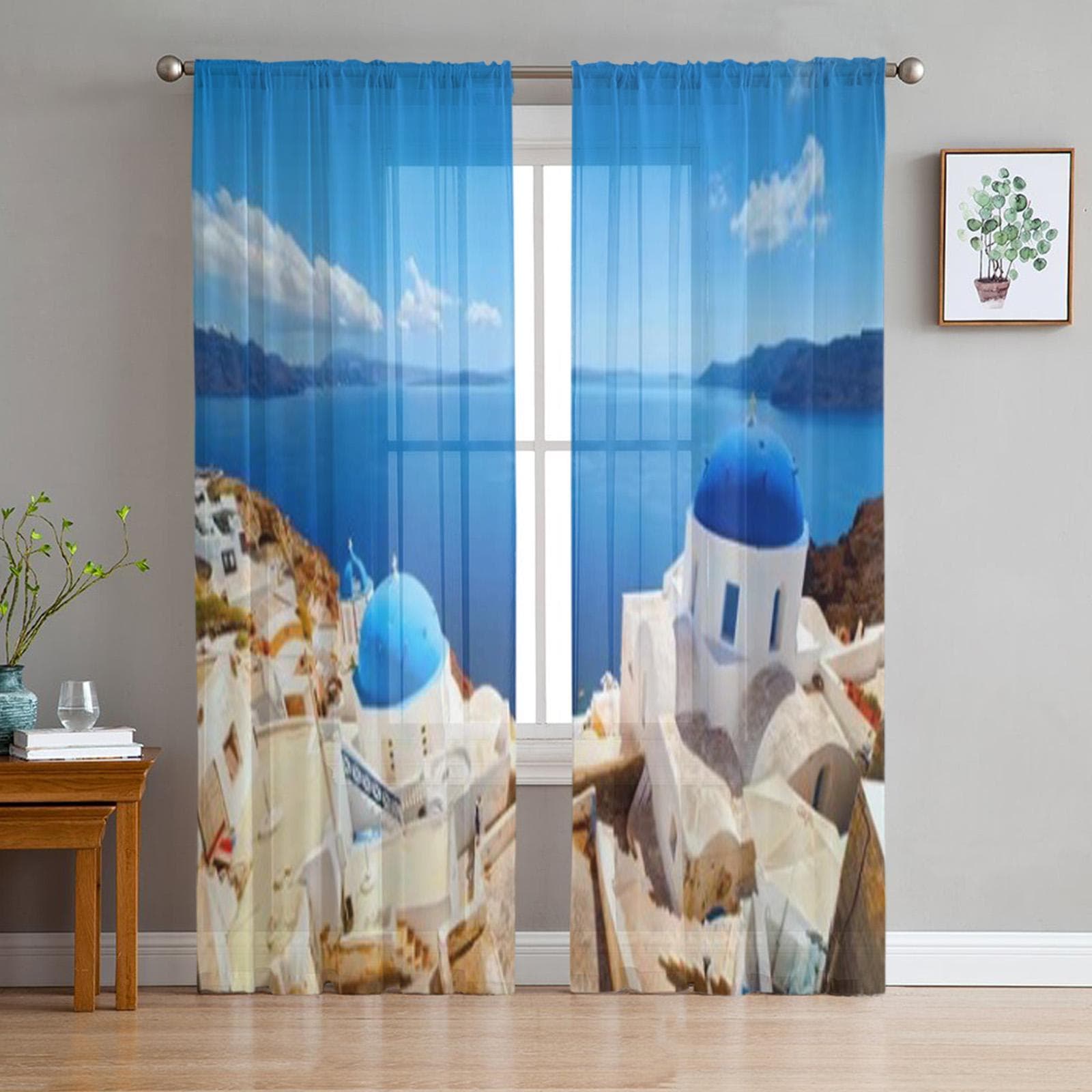 Oia Town On Santorini Island Sheer Curtain For Living Room Bedroom Voile Curtains For Window Organza Curtains Party Tulle Drapes 135W x 114H(cm)