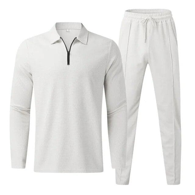 Men's Casual Long Sleeve Polo Shirt+Sweatpants Suit Sets Solid Men V-neck Sweatshirt Clothing Sets 2PCS Mens Clothes XXXL white