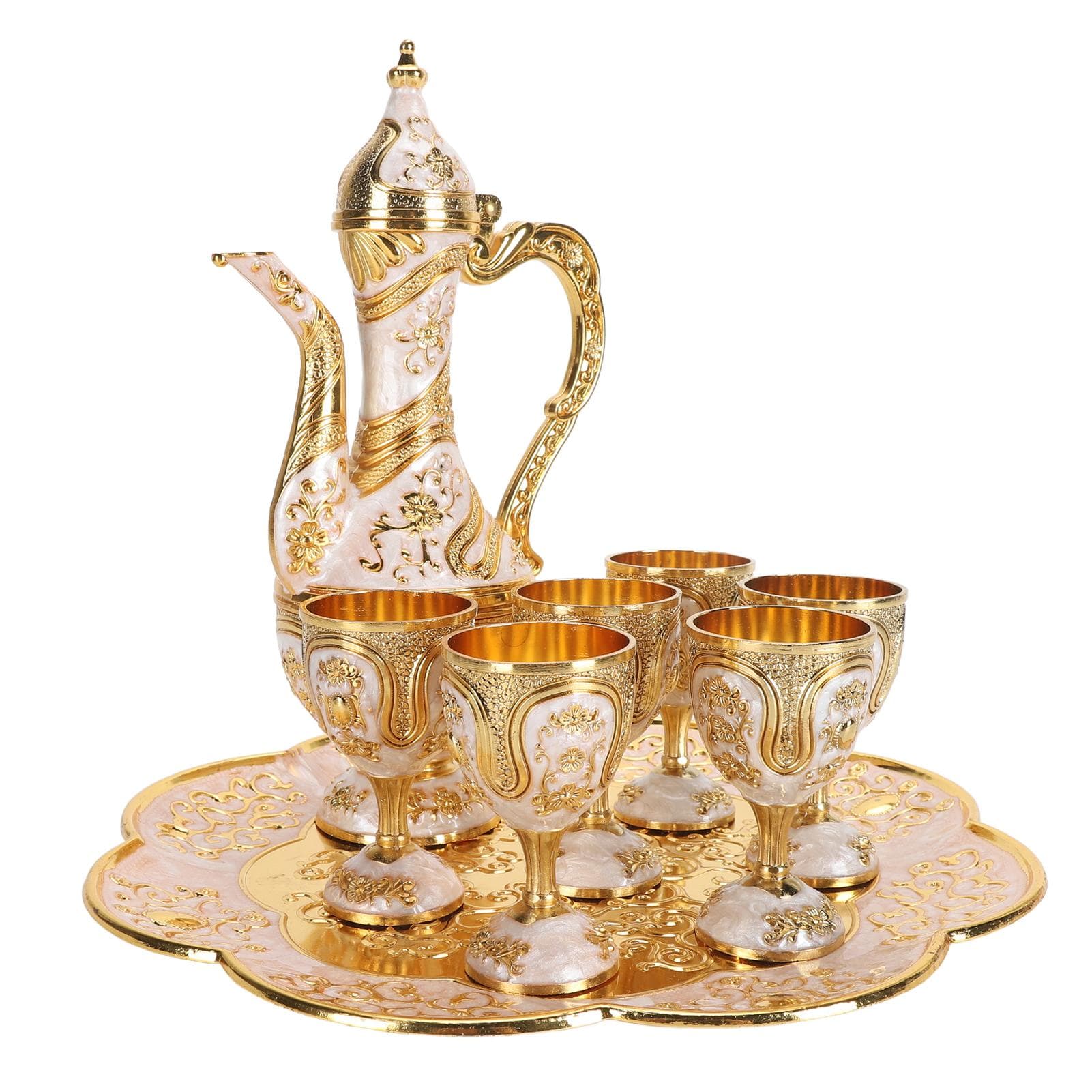 Vintage Turkish Tea Set Multifunctional Zinc Alloy Tea Pot Cups Set with Tea Tray for Party L multicolour