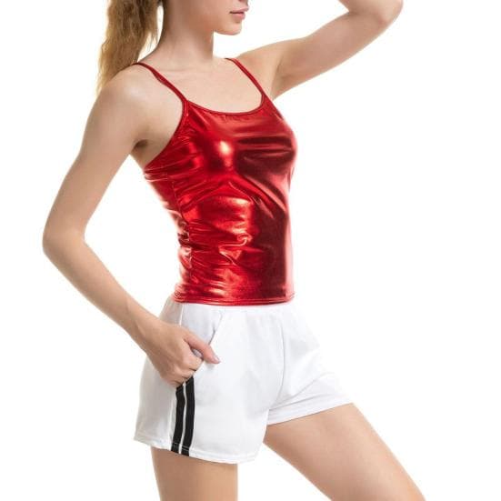 Women Tank Top Round Neck Sexy Slim Fit Sleeveless Pullover Casual Party Wear Solid Color Sling Vest Shirt Fashion Faux Leather Camisole Female M red