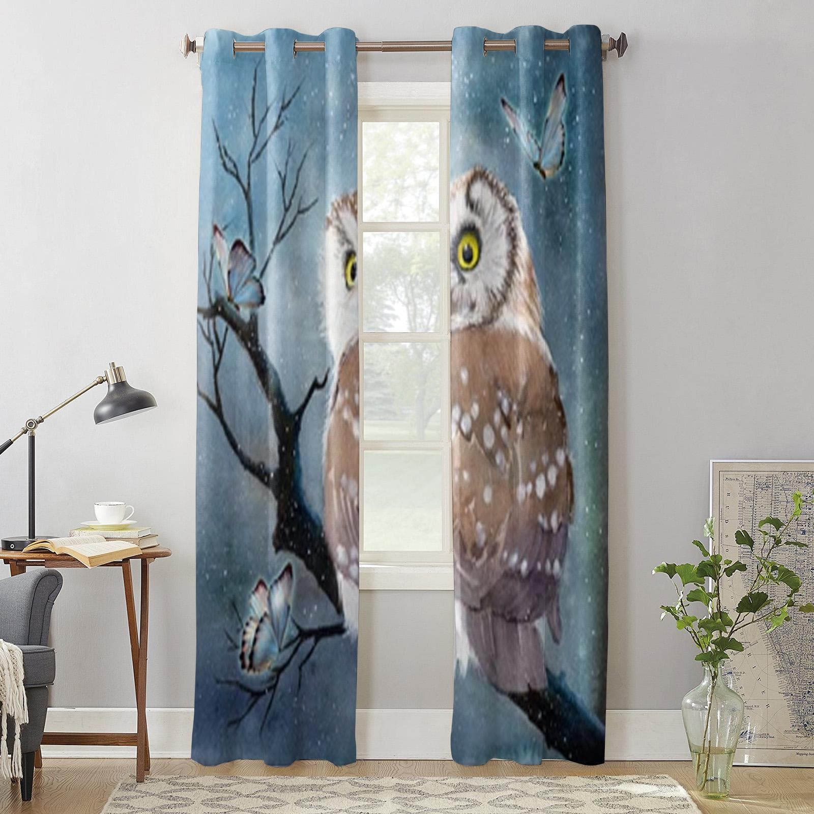 Watercolor White Owl Window Curtain For Kids Room Home Blinds Curtains For Living Room Bedroom Window Drapes 135W x 60H(cm) x1