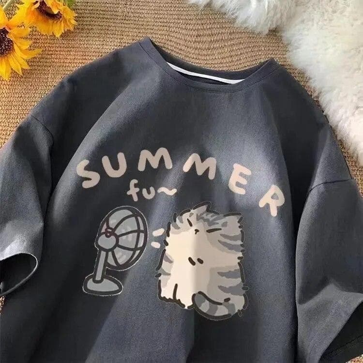 Fan Cat and Women Pure Cotton T-shirt for Men American Street Creative Blow Summer Relaxed Short Sleeve Couple Wear XS grey