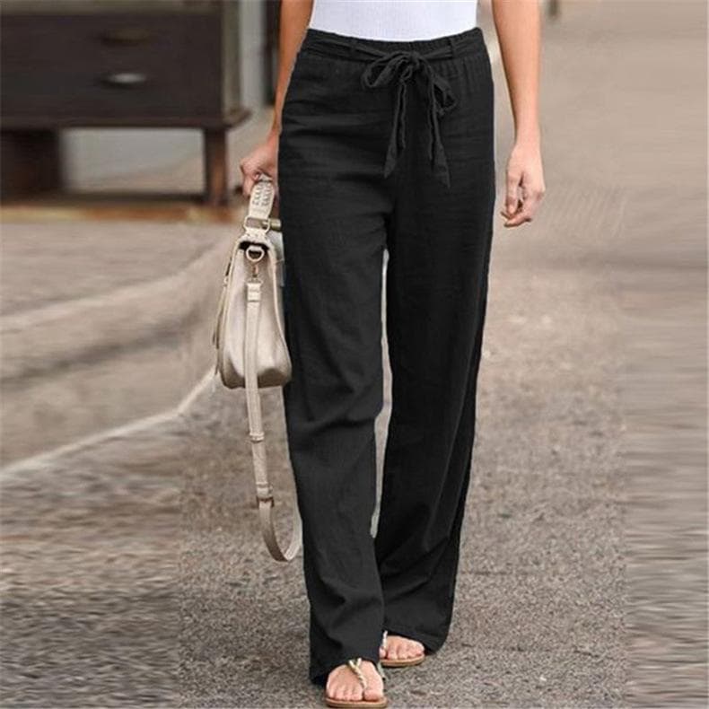 Women Wide Leg Pants High Waist Belt Solid Color Casual Cotton Linen Long Straight Pants Female Ankle-length Length Trousers S black