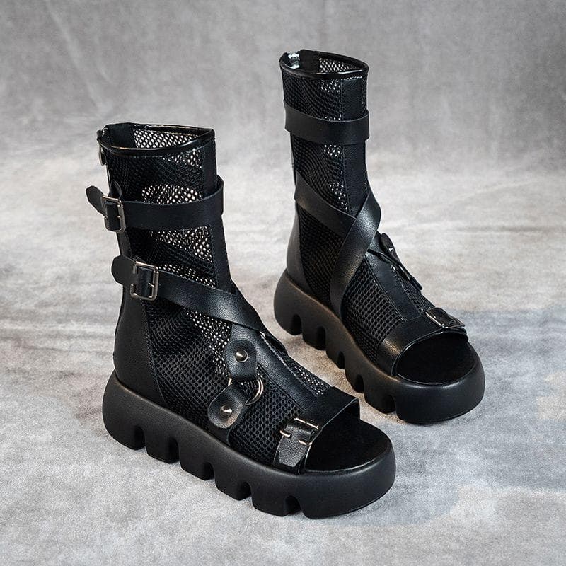 Summer Mesh Breathable Hollowed Out To Improve The Thick Bottom of Muffins Joker Casual Womens Cold Boots 39 black