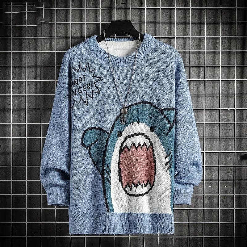 Men Round Neck Shark Sweater Winter Patchwor Harajuku Korean Style Crew Neck Oversized Grey Pullovers For Men 2XL blue