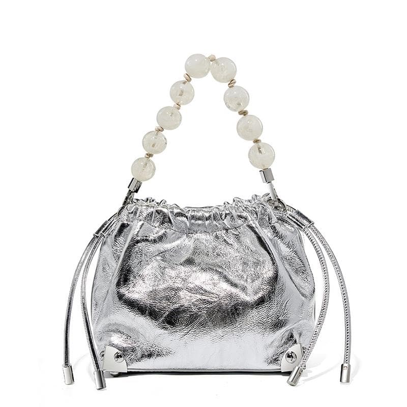 Chinese Beaded Top Layer Leather Hand Grab Floral Pleated Fufu Bag Hand Bill Shoulder Slant Span Bag for Women silver