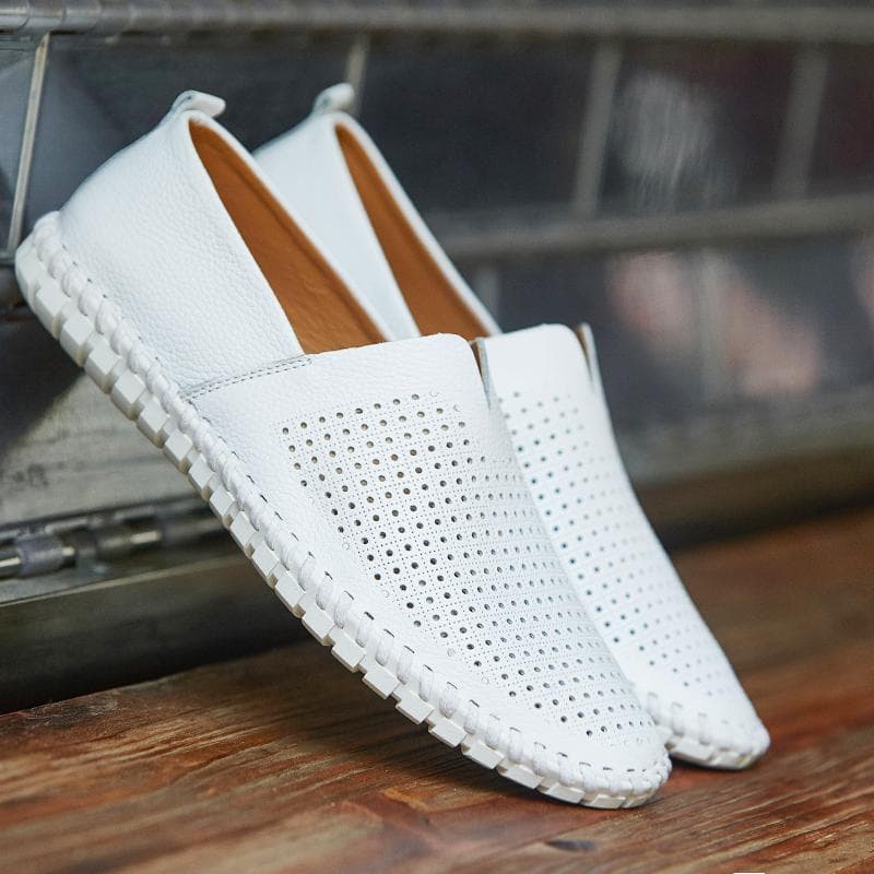 Summer Men's Moccasins Loafers Slip-On Driving Lightweight Gommino Flat Walking Orthopedic Handmade Shoes for Men EU: 50 white