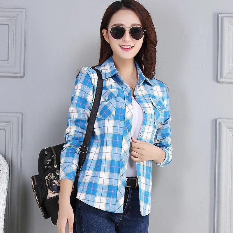 Women's Spring and Autumn Plaid Shirt Casual Long Sleeve Pocket Cotton Shirt L