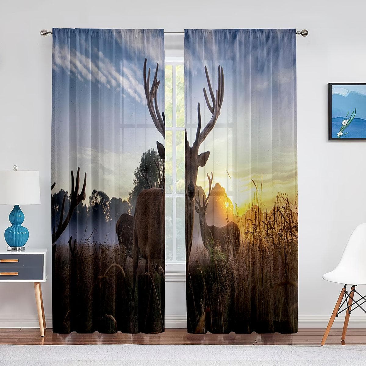 Silhouette of Two Deer Chiffon Sheer Curtains for Living Room Bedroom Home Decorations Elk Pattern Voile Tulle Curtain Drapes 1 PCS W100XH250cm&Grommet Top
