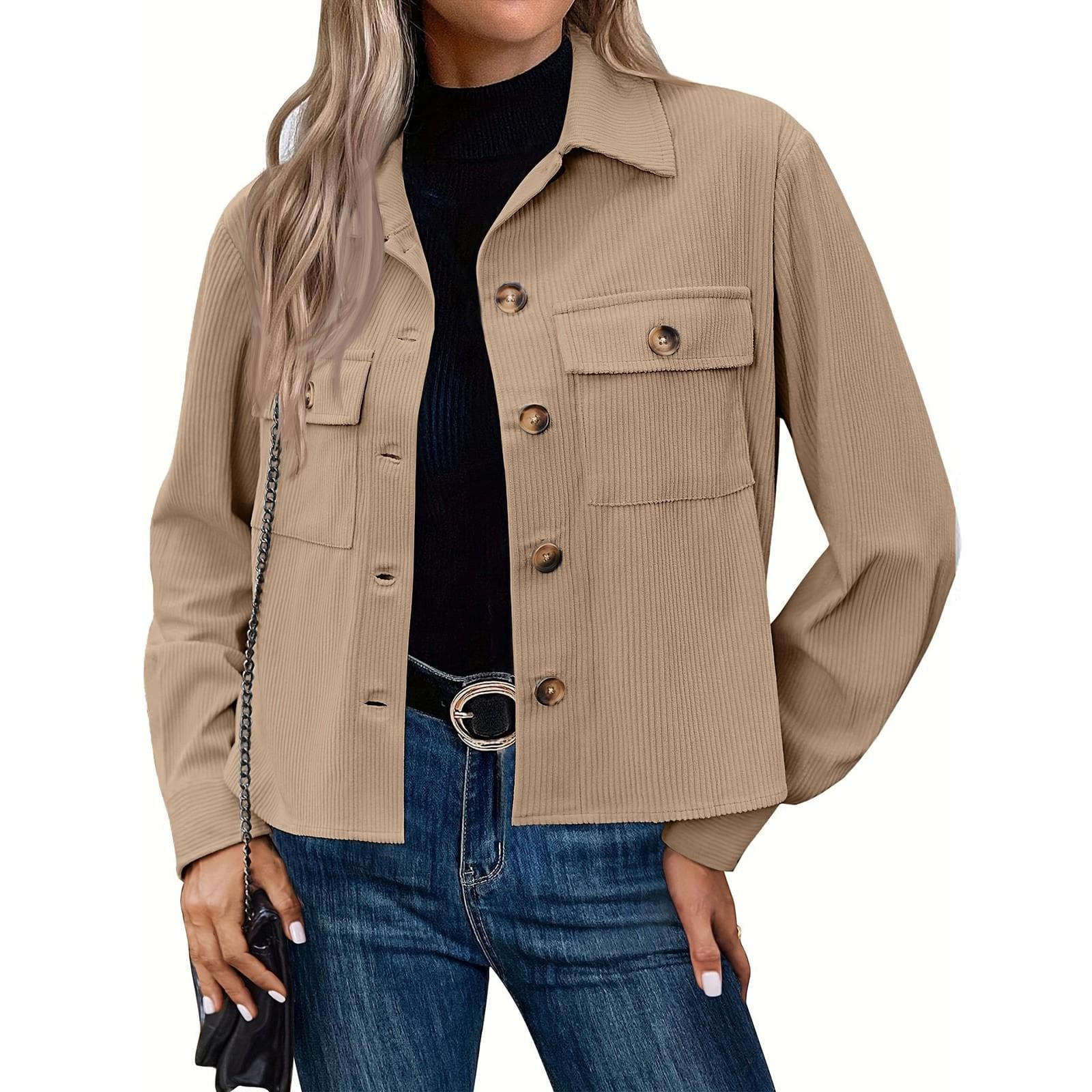 Women's Solid Color Casual Short Corduroy Button Jacket M beige