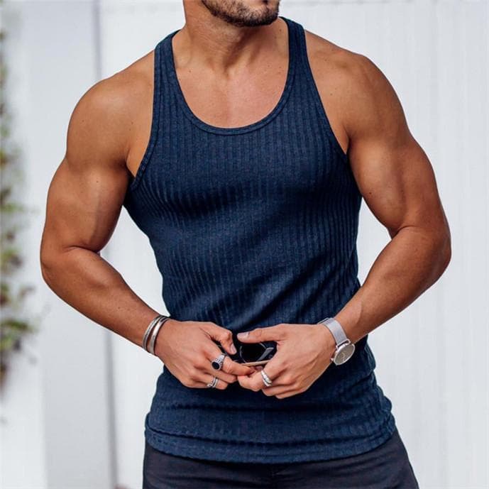 Summer Men Vest Gym Top Sleeveless Shirt Fitness Sports Vest M navy blue