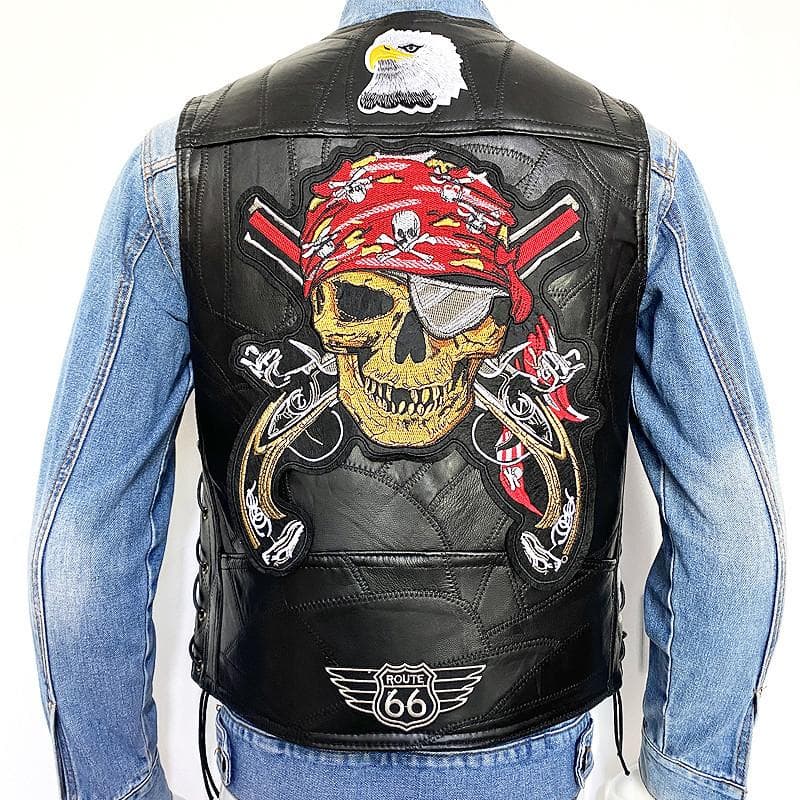 Club Genuine Leather Harley Tank Top Men's Plus Size Sheepskin Motorcycle Embroidered Leather Vest XL