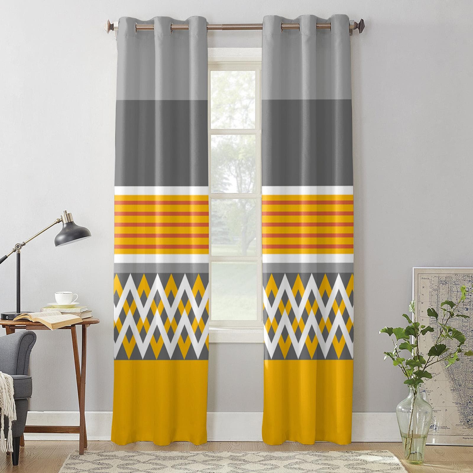Yellow Gray Stripes Geometric Modern Window Curtains for Living Room Bedroom Curtain Kitchen Treatment Blinds Drapes 135W x 60H(cm) x1