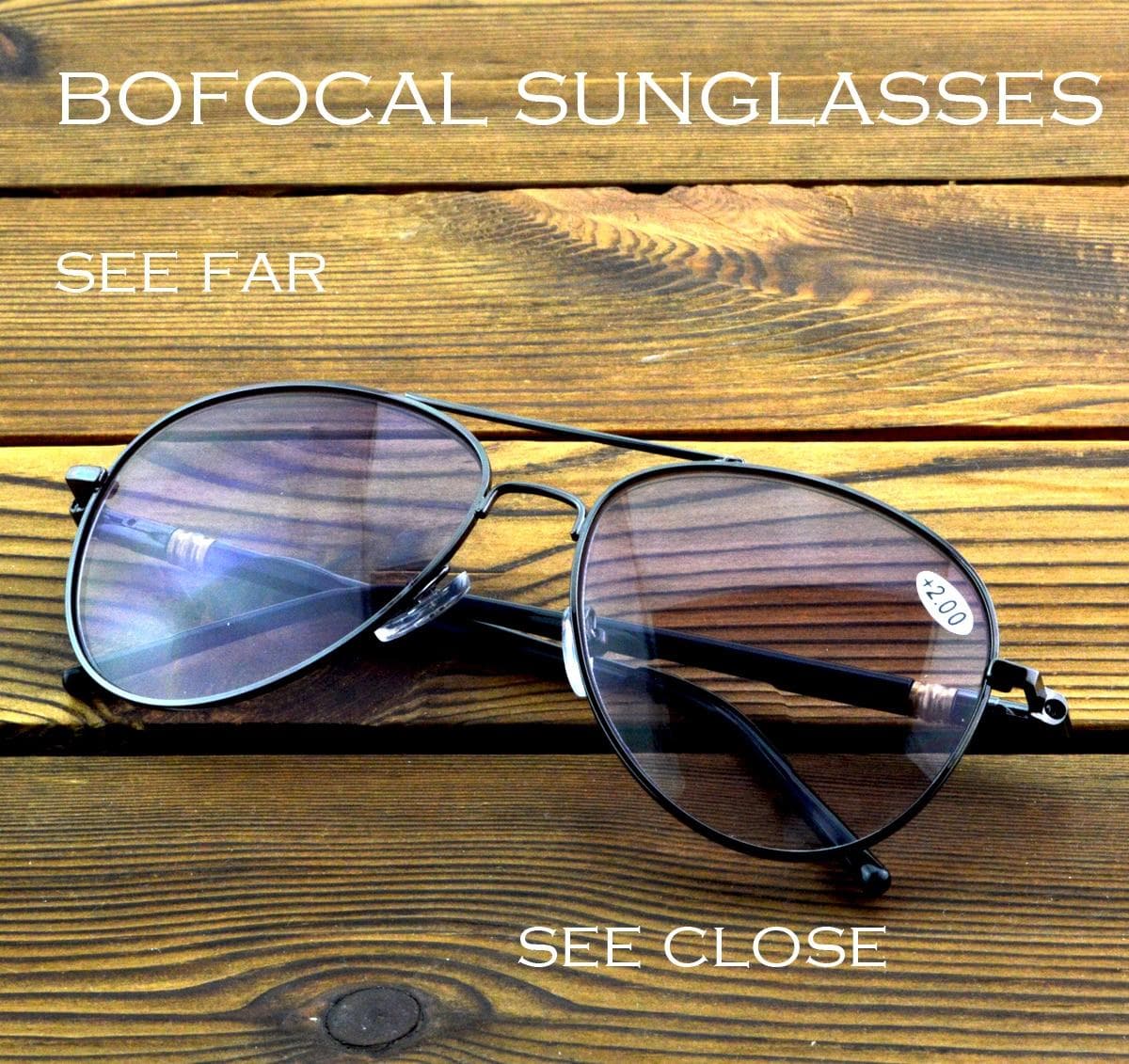 Pilot Double Bridge Grey Lenses Bifocal Reading Sunglasses +0.75 To +4 See Near and Far outdoor and indoor +1 black