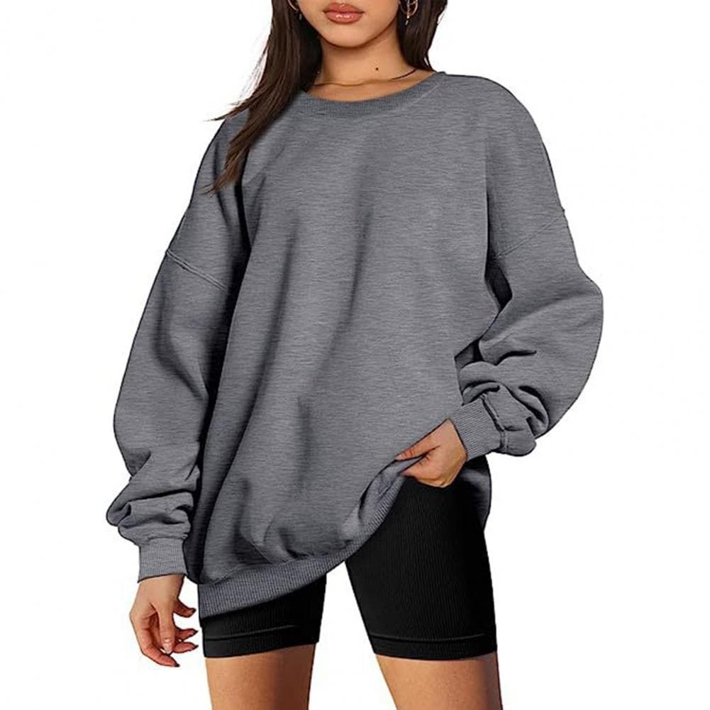 Women Sweatshirt Loose Round Neck Solid Color Long Sleeve Soft Breathable Pullover Elastic Cuff Fall Winter Lady Top Blouse S dark gray