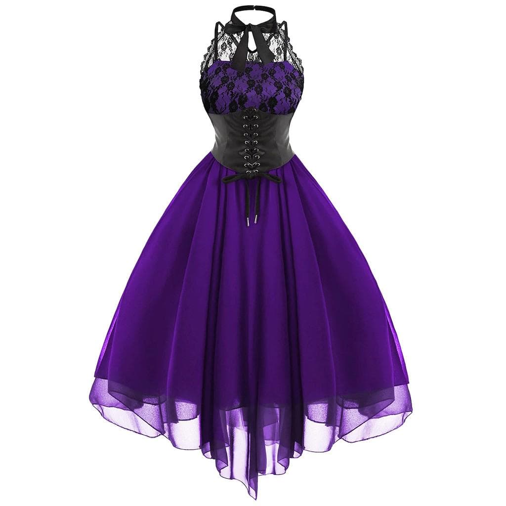 (SU)Women Sexy Lace Dress Vintage Dress Retro Court Princess Sleeveless Mini Dress M purple