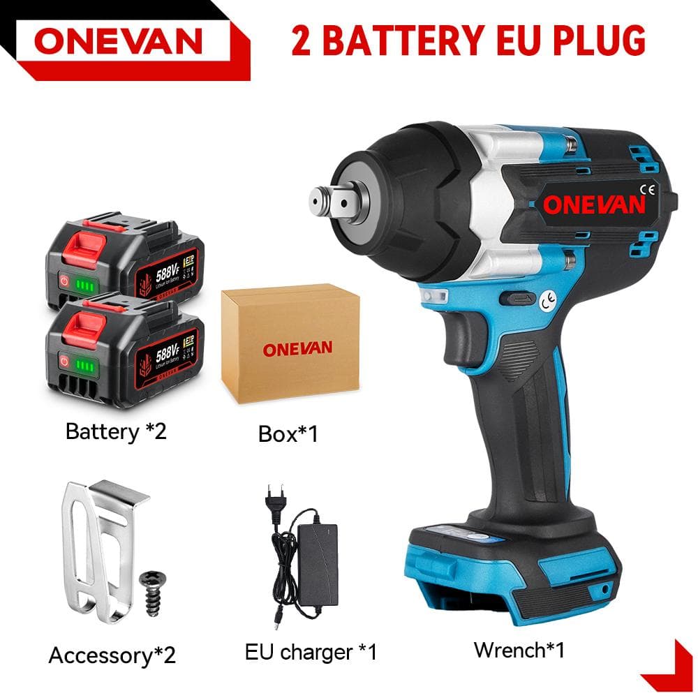 ONEVAN Torque Brushless Electric Impact Wrench 1/2 inch Screwdriver Cordless Wrench Power Tools For Makita 18V Battery 2 Battery Set