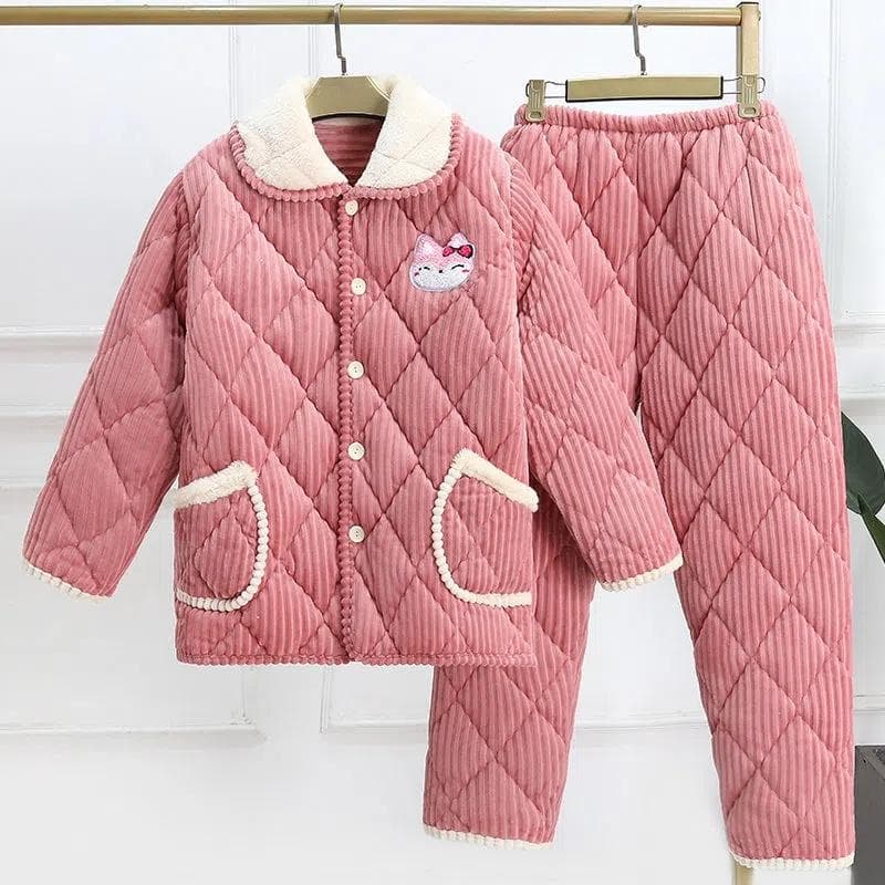 Pajamas Sets Women Winter Thick Coral Fleece Pajamas Three-Layer Quilted Cotton Warm Jacket Girl LovelyFlannel Home Service Suit L