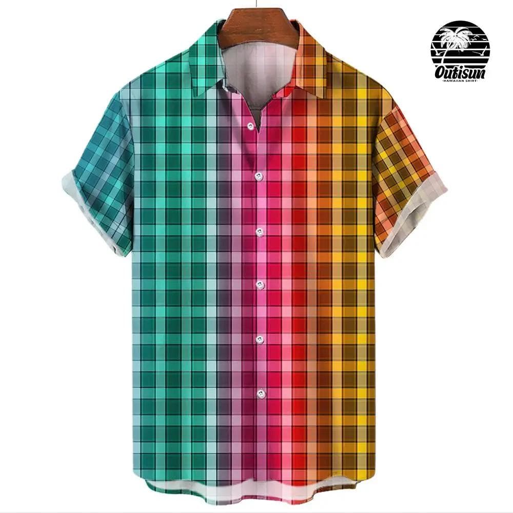 Summer Fashion Plaid Rainbow Print Men's Short Sleeve Casual Shirt Pride Month Party Outfit Tops Street Trend Party Oversized L