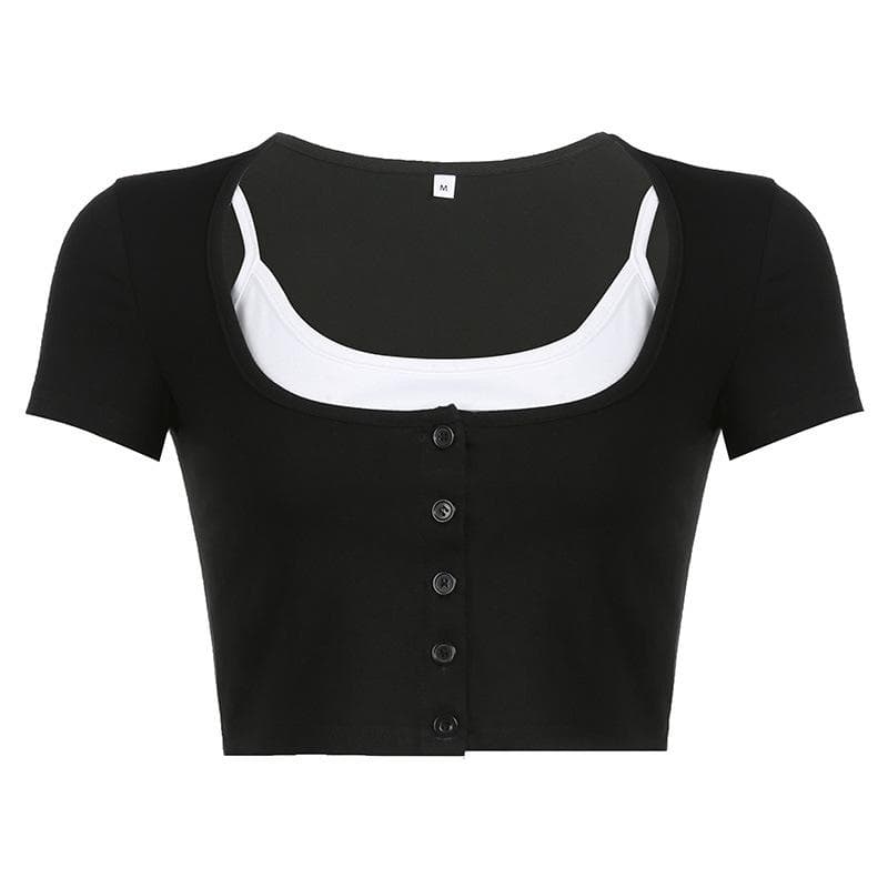 Spring and Summer Women's Umbilical Short Spicy Girl Short Sleeve T-shirt Street Black and White Contrast Button Splice Slim Fake Two Tops L black