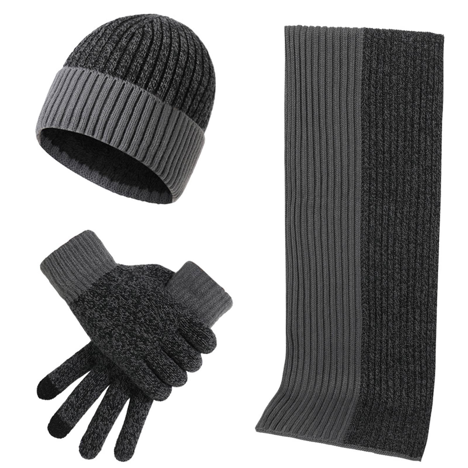 Winter Knit Beanie Hat Scarf and Touch Screen Gloves Set for Women and Men dark gray