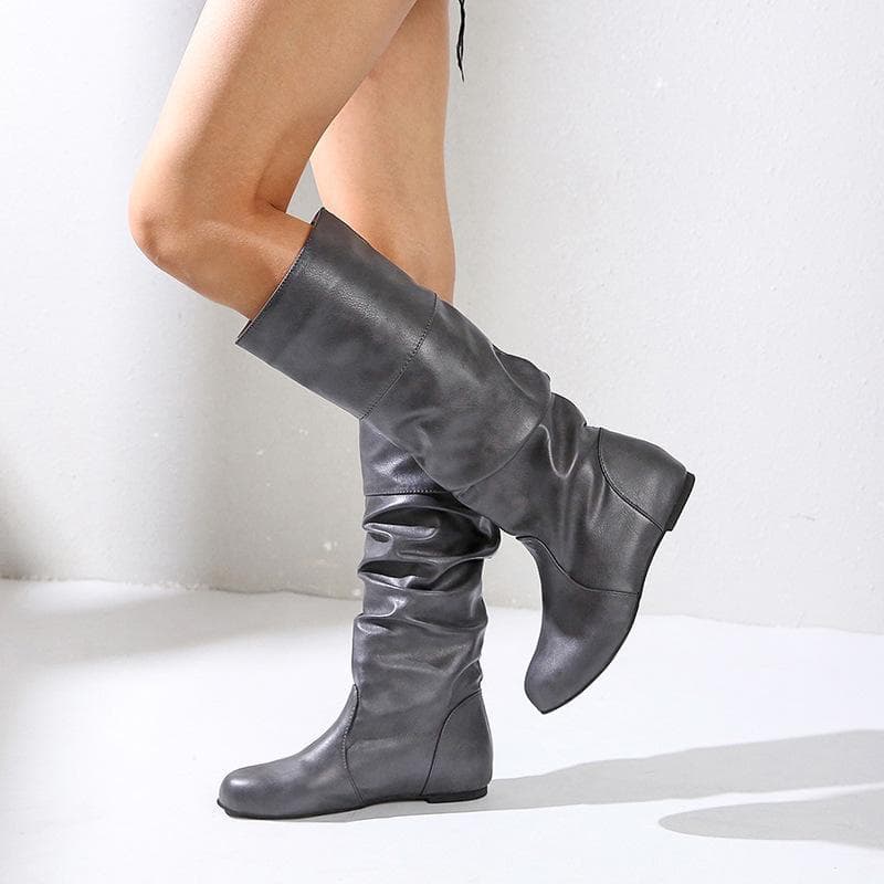 European Cross-Border Women's Mid-Calf Pleated Knight Boots - Round-Toe, Large Size, 2022 Autumn/Winter Collection 43