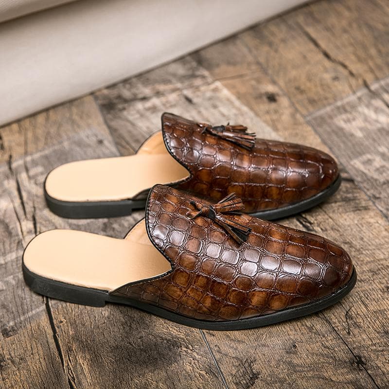 Summer Men Half Loafers Fashion Tassel Breathable Slippers Man Outdoor Lightweight Mules Cool Half Shoes for Man Leather Sandals 43 brown