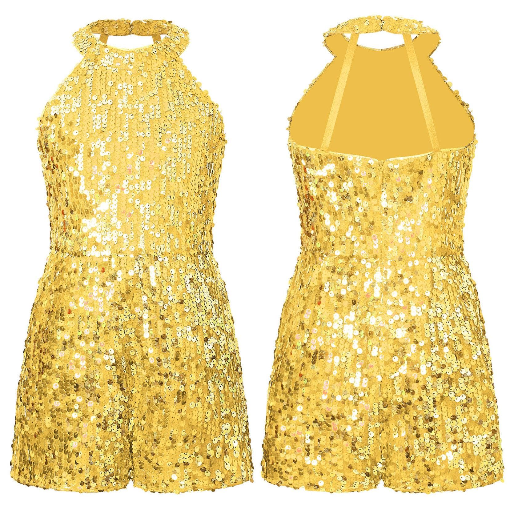 Girls Jazz Dance Costume Halter Shiny Sequins Leotard Sleeveless Short Jumpsuit Stage Performance Clothes 13-14 Years gold