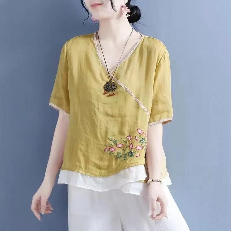 Retro Cotton and Linen Large-size Embroidered T-shirt for Women In Summer New Loose Slim V-neck Short-sleeved Top Base Shirt 4XL