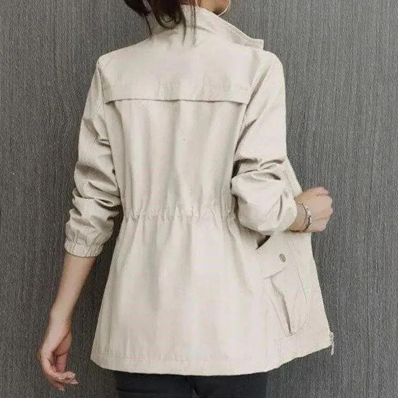 FiveFive Double Layer Lining Windbreaker Women Spring Autumn Short Coat Fashion Plus Size Stand-Up Collar Ladies Jacket Plus Size 3XL XL beige