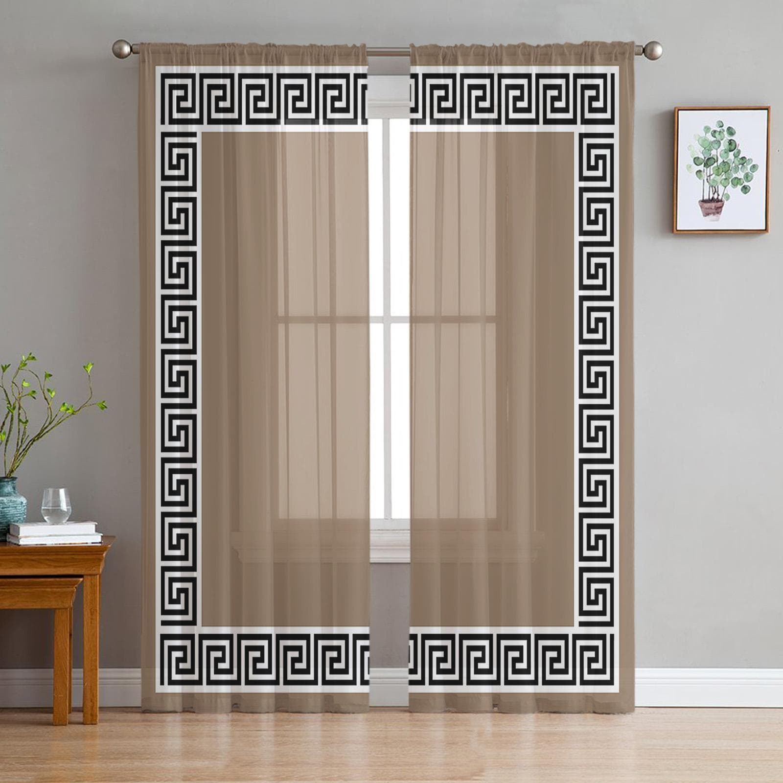 Red Geometric Greek Key Pattern Voile Sheer Curtains Living Room Window Chiffon Tulle Curtain Kitchen Bedroom Drapes Home Decor 135W x 274H(cm)