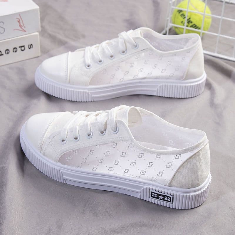 Summer Mesh Shoes Women's Breathable Mesh Canvas Shoes Women's Fashion Versatile Student Shoes Soft Sole Korean Skate Shoes 41 white