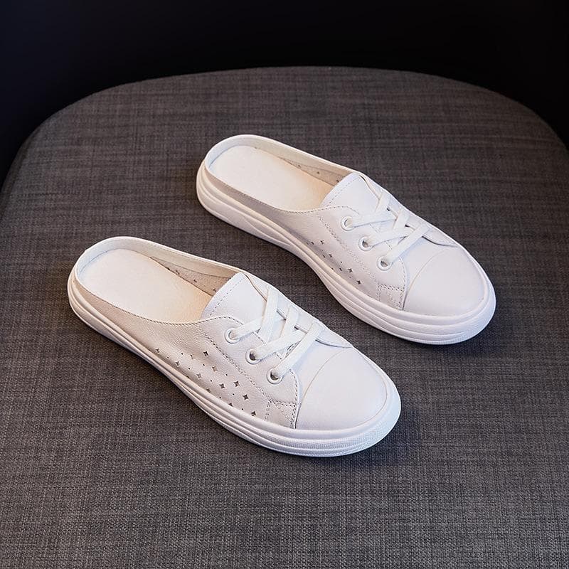 Genuine Leather Baotou Half-slippers Women's Outerwear  Summer New Style Lazy Slip-on Soft-soled Half-slippers Small White Shoes 38