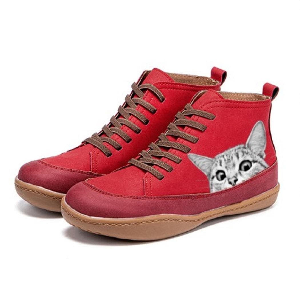 Printed Cat Casual Shoes Women's European and American Round-toe Platform Shoes 41 red