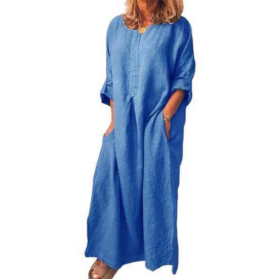 Newest Women Vintage Solid Color Long Sleeve O Neck Pockets Maxi Dress Tunic Kaftan XL blue