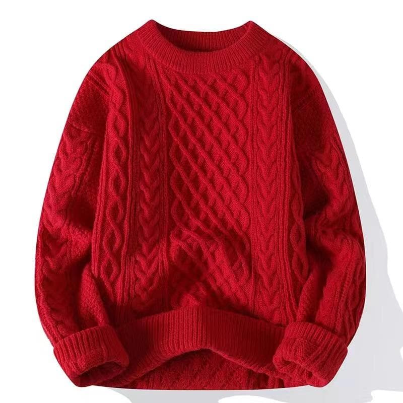 Men's Thick Cable Knit Sweater - Casual, Mature, Solid Color Pullover for Autumn and Winter Extra Extra Large red