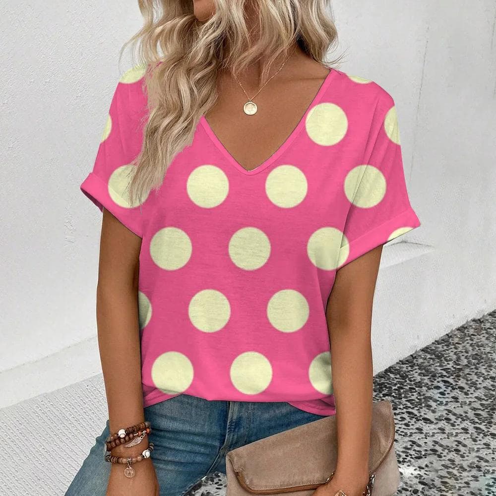 Summer Casual T-shirt Solid Color T-shirt Polka dot 3D Print T-shirt Fashion women's short sleeve T-shirt Women's V-neck xs