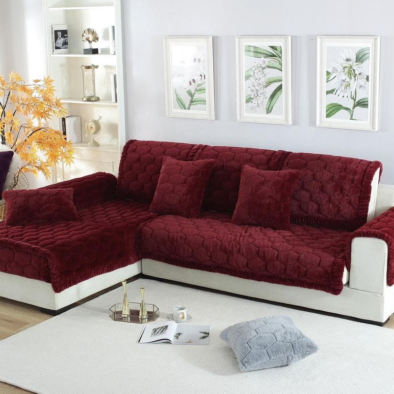 Winter Plush Sofa Cushion Thickened Plush Wide Border Slide Sofa Cover 110*240 wine red