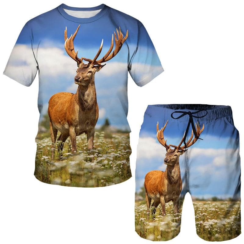 Animal Deer Forest 3D Print T-Shirts Shorts Sets Men's Tracksuits Oversized Short Sleeve T Shirt Pants Set Man Suits Clothing XL