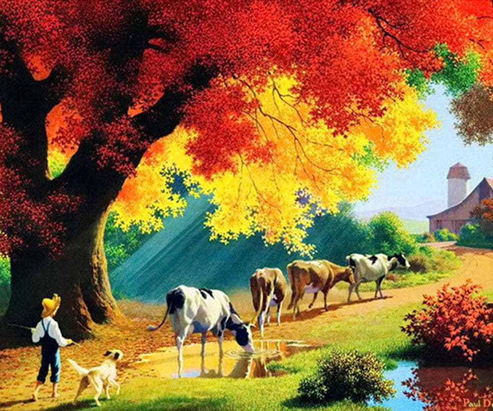 5d Diy Diamond Painting Full Drill Cross Stitch Cow Scenery Round Rhinestones Mosaic Gift Home Decor 20X30CM